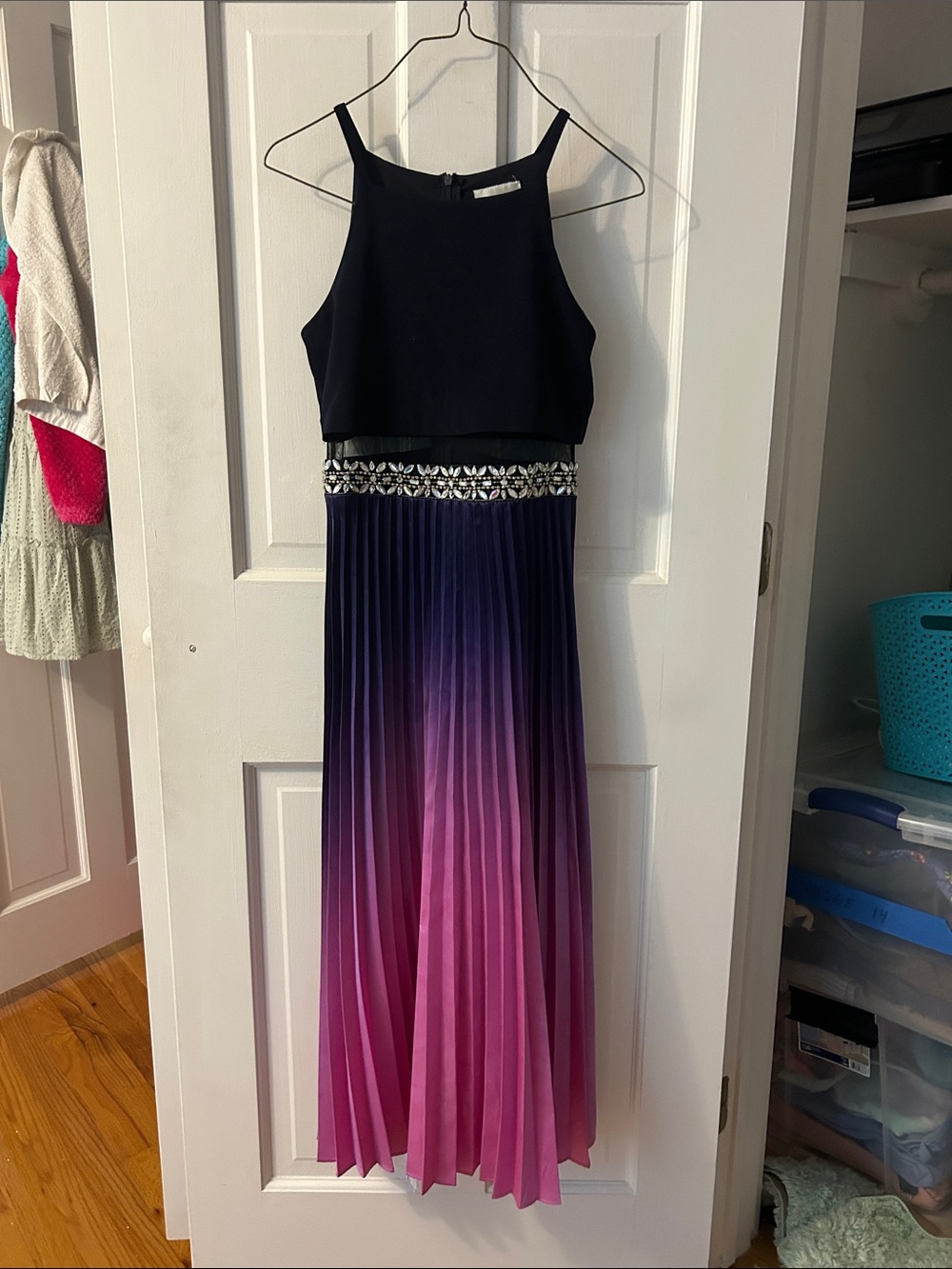 Rare Editions Black Bodice Purple-to-Pink Ombre Pleated Dress with Jeweled Waist